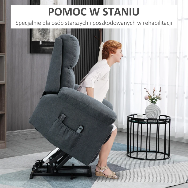 HOMCOM Fotel masujący z funkcją podnoszenia, Fotel z funkcją podnoszenia, 8 silników wibracyjnych, z pilotem, szary