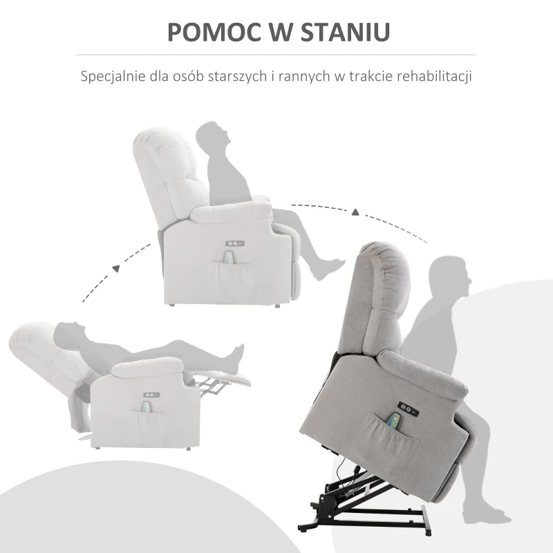 HOMCOM fotel do masażu z funkcją pomocy przy wstawaniu fotel relaksacyjny z funkcją ogrzewania regulowany kąt nachylenia USB pilot plusz krótkowłosy szary 80 x 97 x 104 cm