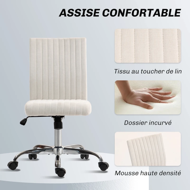HOMCOM Chaise de bureau sans accoudoirs, fauteuil de bureau, hauteur réglable et pivotant 360°, 43 x 56 x 78-88 cm, crème