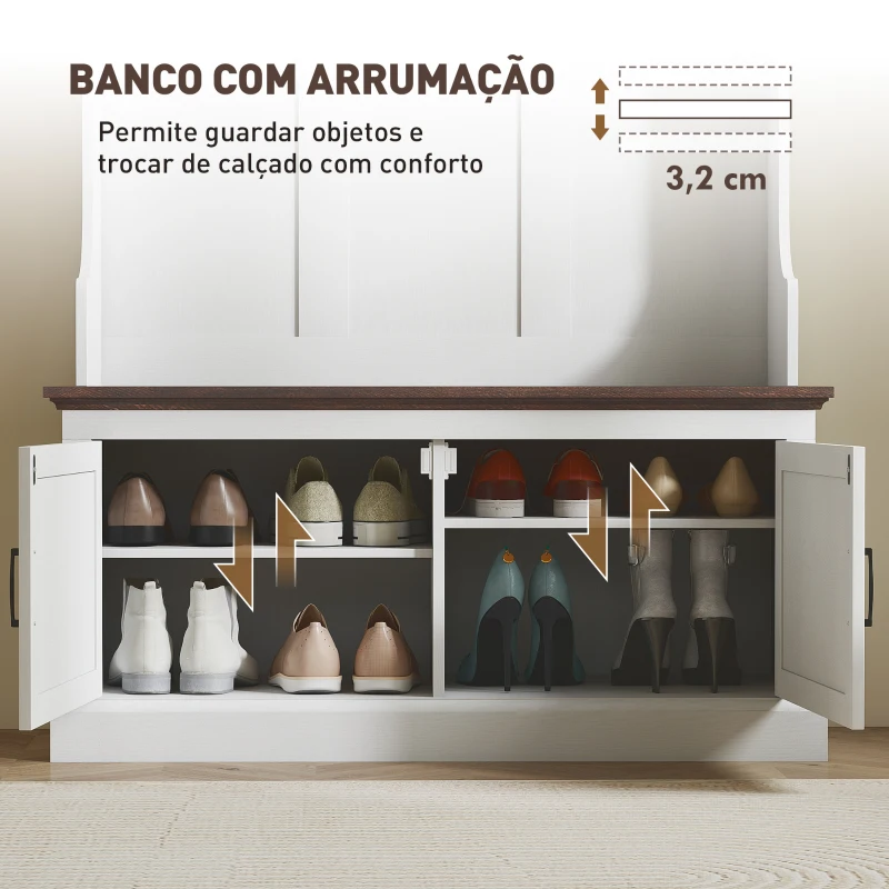 HOMCOM Móvel Cabide de Entrada com Banco Sapateira 5 Ganchos 3 Prateleiras Armário e Compartimentos Estilo Rústico 105x40x180 cm Branco