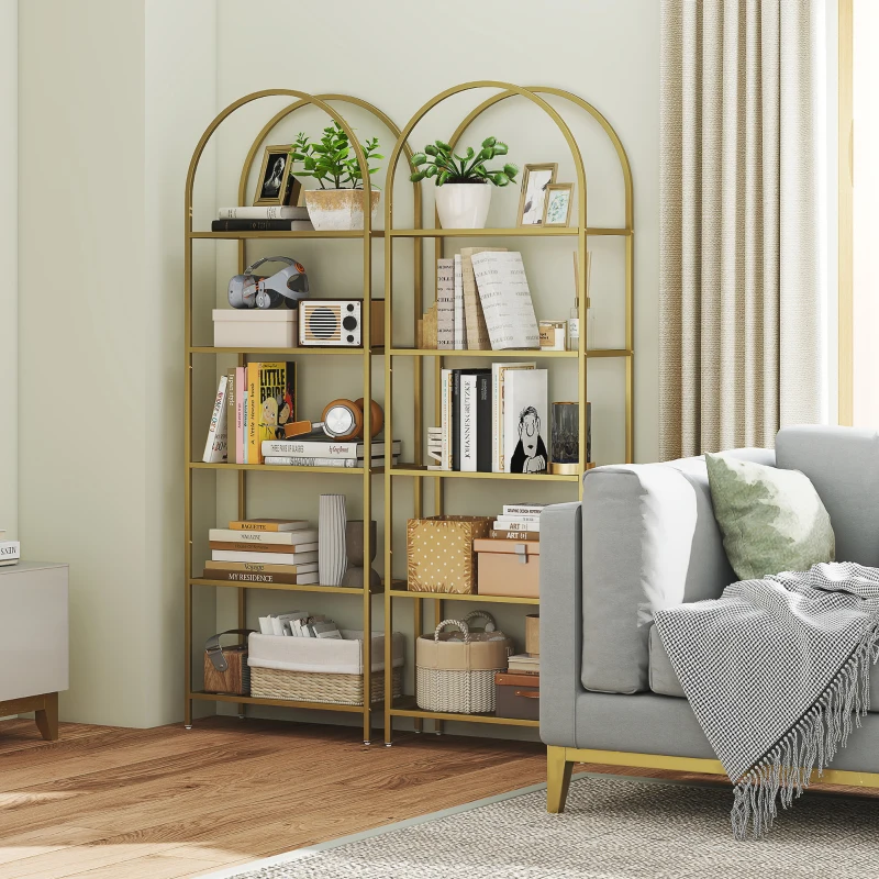 HOMCOM Bibliothèque étagère de rangement en verre à 5 niveaux arqué pour salon, bureau, chambre, 60 x 30 x 175 cm, doré