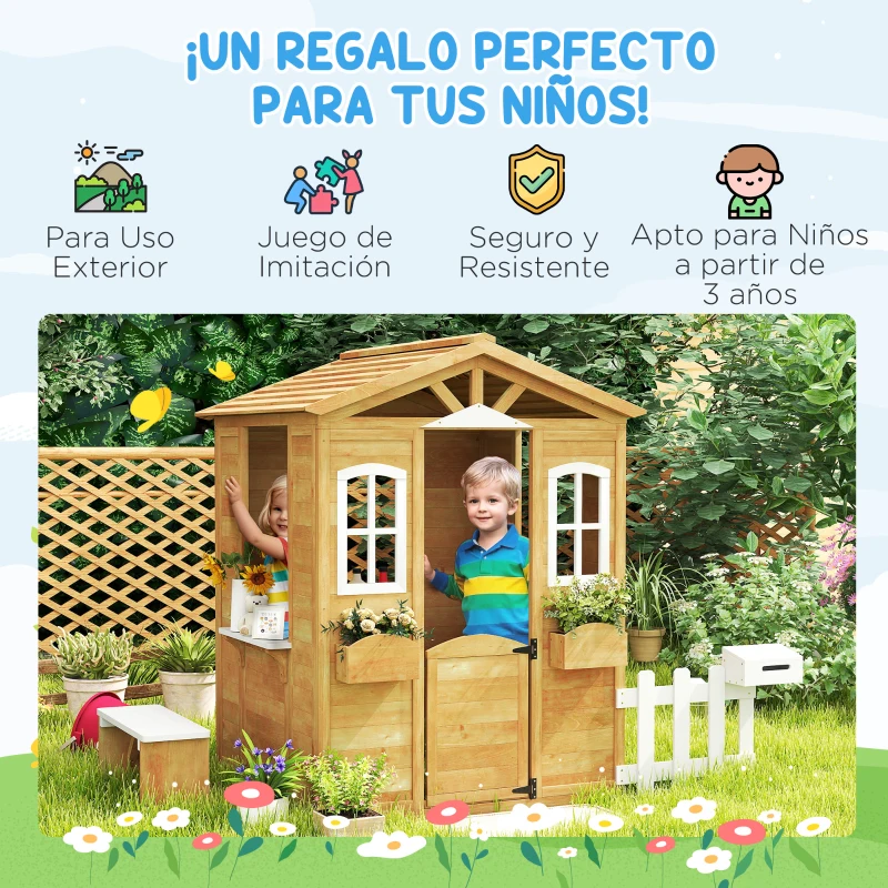 Outsunny Casita Infantil Exterior de Madera con Buzón Ventanas Jardinera Mostrador y Banco para Niños a Partir de 3 Años Natural