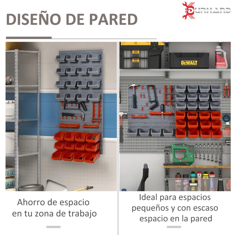 DURHAND Estantería de Pared para Herramientas de 44 Piezas 95x54 cm con 28 Cajas Apilables y Diferentes Ganchos Gris y Rojo