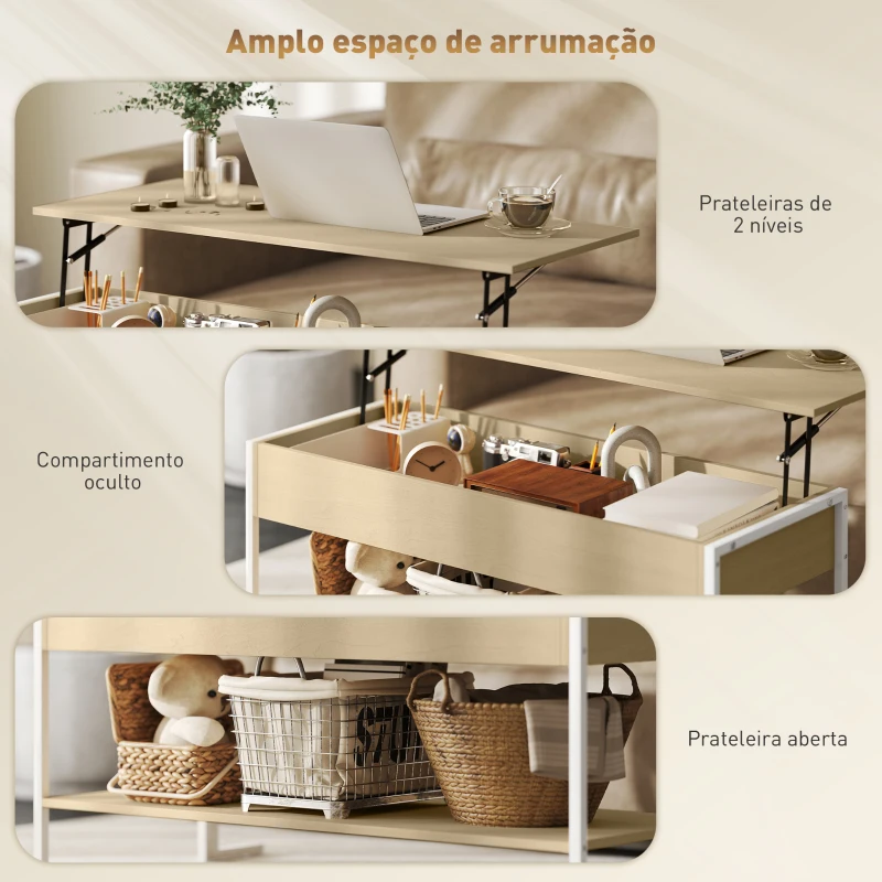 HOMCOM Mesa de Centro Elevatória com Espaço Oculto de Arrumação e Prateleira Aberta 95x40x59 cm Madeira e Branco