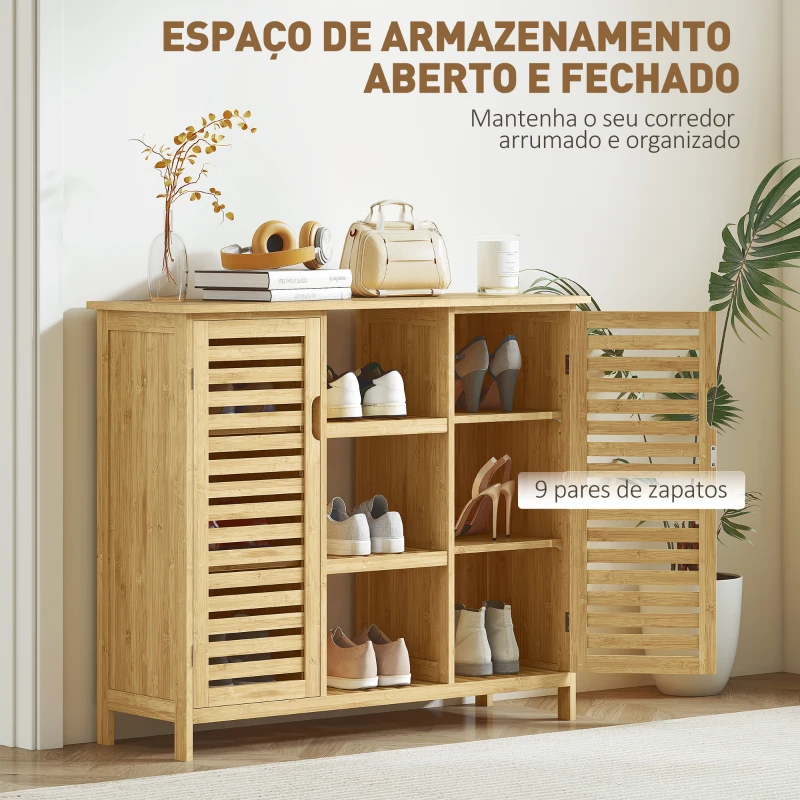HOMCOM Sapateira de Bambu em Ripas com Prateleiras e Compartimentos Abertos para 9 Pares de Sapatos 100x33x86 cm Madeira