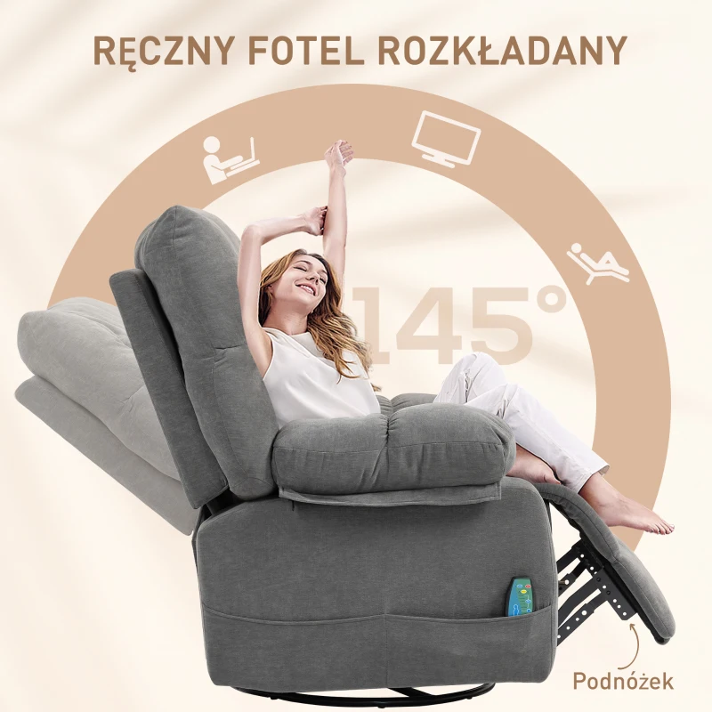 HOMCOM Fotel Relax z funkcją masażu, Regulowany obrotowy fotel masujący, 4 kieszenie boczne i pilot, Ciemnoszary