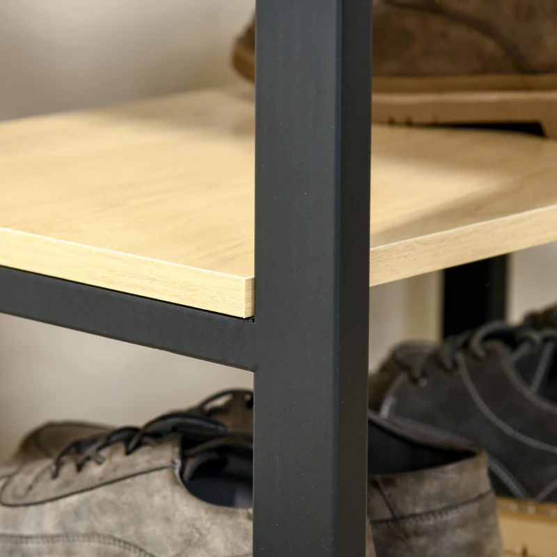 HOMCOM Perchero Metálico Zapatero con 3 Estantes y 4 Ganchos para Colgar Ropas para Pasillo Entrada 60x40x175cm Negro y Natural