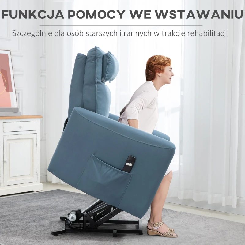 HOMCOM Fotel relaksacyjny z funkcją podnoszenia fotel telewizyjny, zintegrowany podnóżek, kieszeń boczna, pilot, 84 x 89,5 x 105 cm, Niebieski