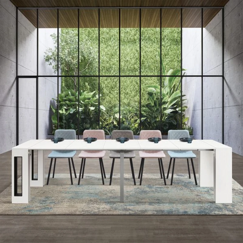 PAZZO DESIGN Masă consolă extensibilă cu suport extensibil Paola, frasin alb, fabricată în Italia, de la 45 la 300 cm