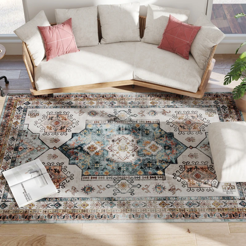 HOMCOM Vintage Teppich Rutschfest und Waschbar Kurzflor für Wohnzimmer und Schlafzimmer, 230x160 cm, Multicolor