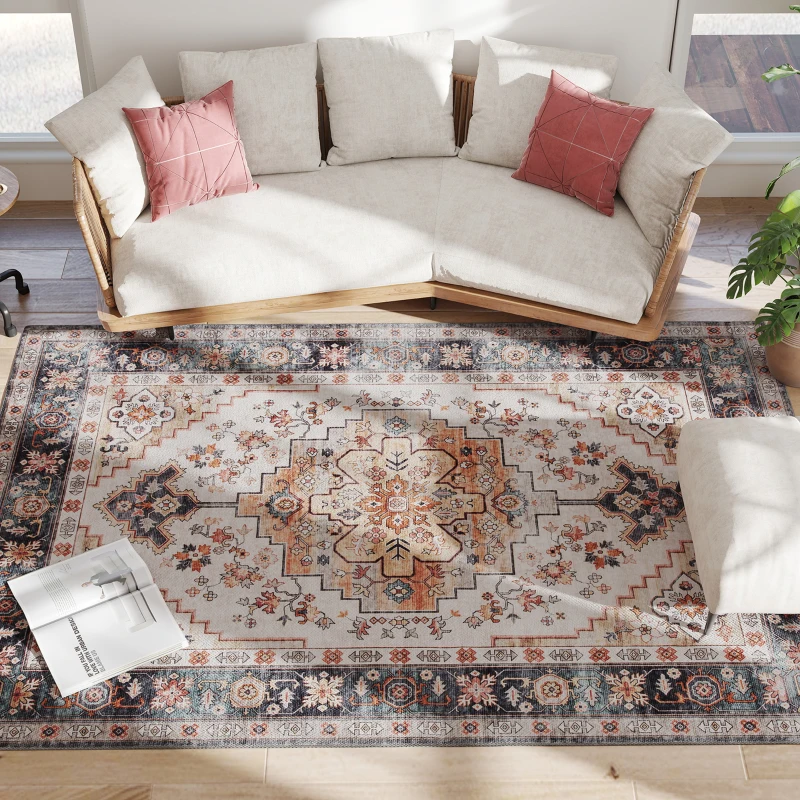 HOMCOM Tappeto Bohemien Antiscivolo e Lavabile a Pelo Corto per Soggiorno e Camera, 230x160 cm, Marrone