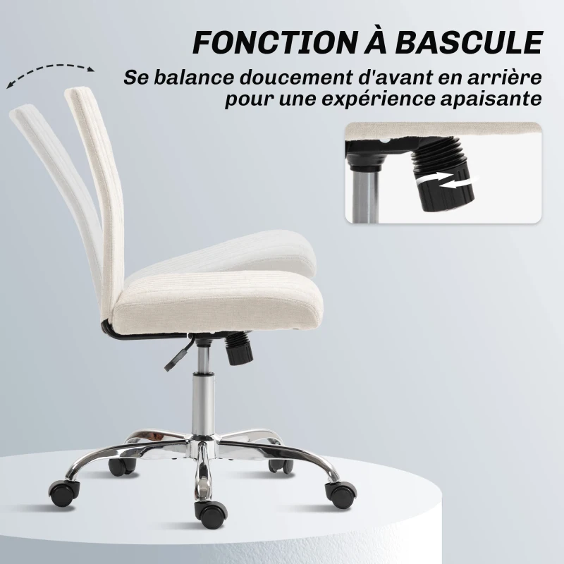 HOMCOM Chaise de bureau sans accoudoirs, fauteuil de bureau, hauteur réglable et pivotant 360°, 43 x 56 x 78-88 cm, crème