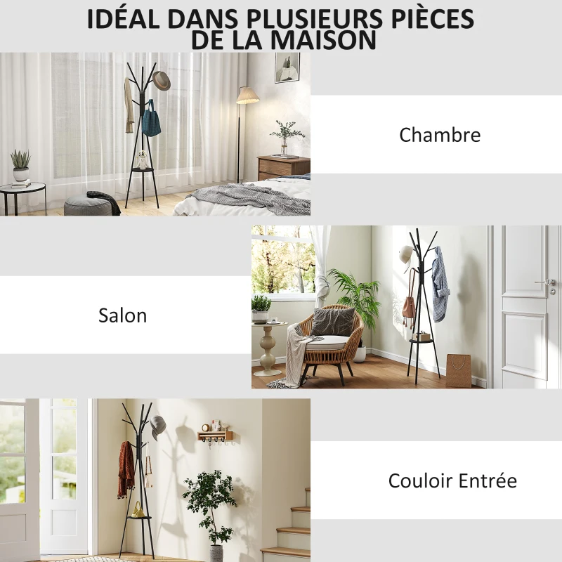 HOMCOM Porte-manteau trépied design contemporain branches étagère + 9 patères dim. 45L x 45l x 180H cm métal noir