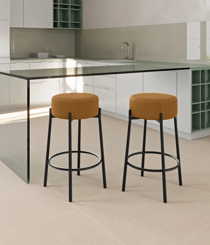 STONES Set 2 scaune de bar din țesătură galben ocru cu picioare metalice negre 41cm X 41cm H. 67cm