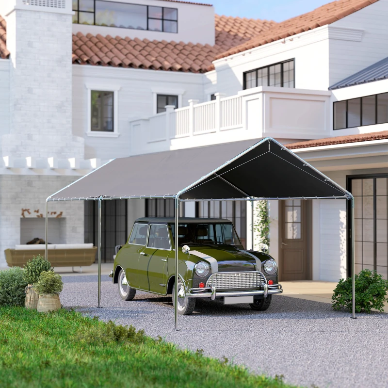 Outsunny Tenda de garagem 294x595x260 cm Impermeável com Toldo de Tecido PE e Estrutura de Aço Galvanizado Cinza