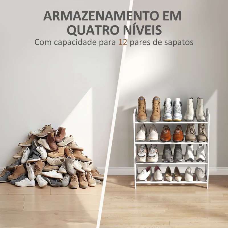 HOMCOM Sapateira de 4 Níveis Estante para Sapatos em Bambu para 12 Pares de Sapatos 67,5x24,7x72 cm Branco