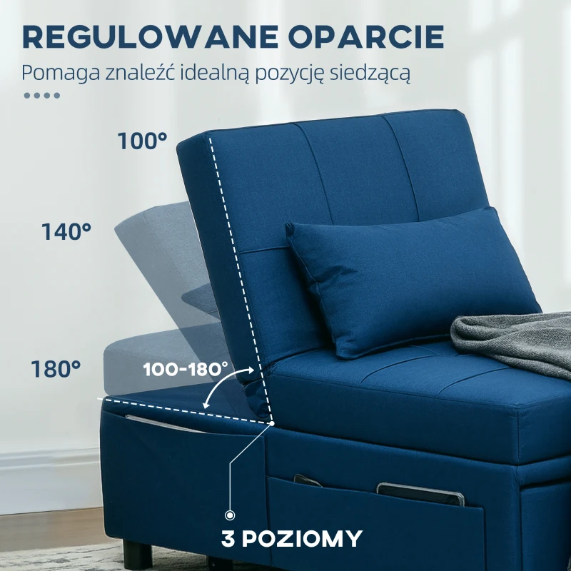 HOMCOM 3-w-1 Rozkładany fotel z boczną kieszenią, łóżko gościnne z poduszką, regulowane oparcie, fotel do spania na kółkach, niebieski(m-5)