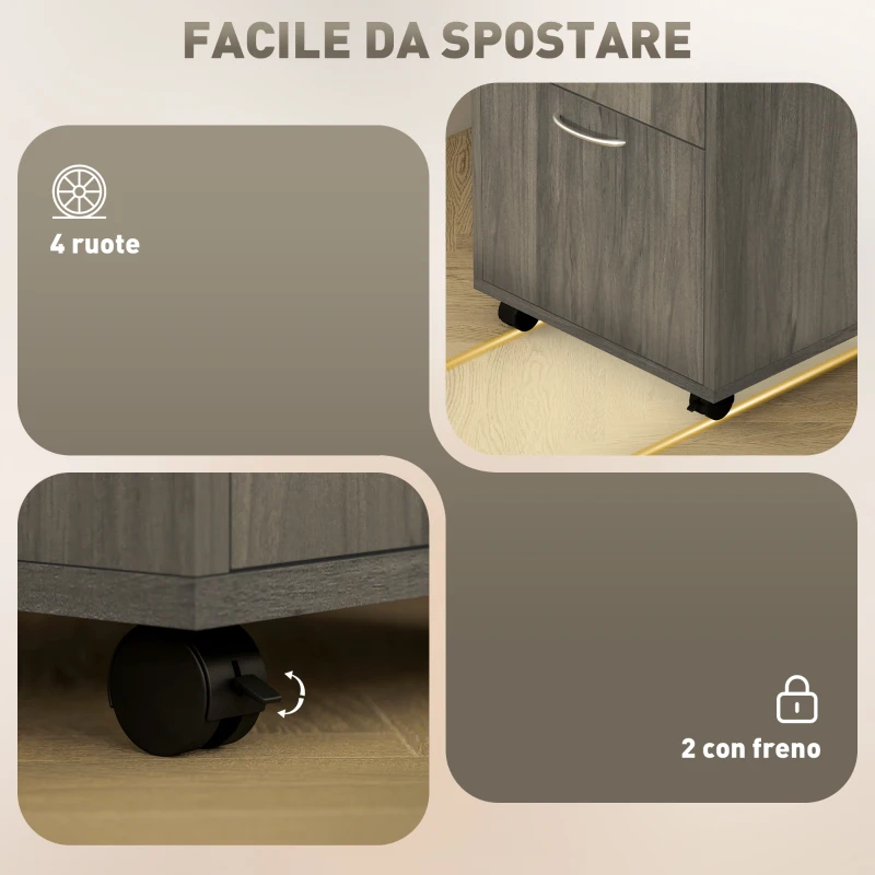 HOMCOM Cassettiera Portadocumenti a 4 Ruote con Ripiano Aperto e Cassetti, in Legno e Metallo, 40x35x60 cm, Grigio