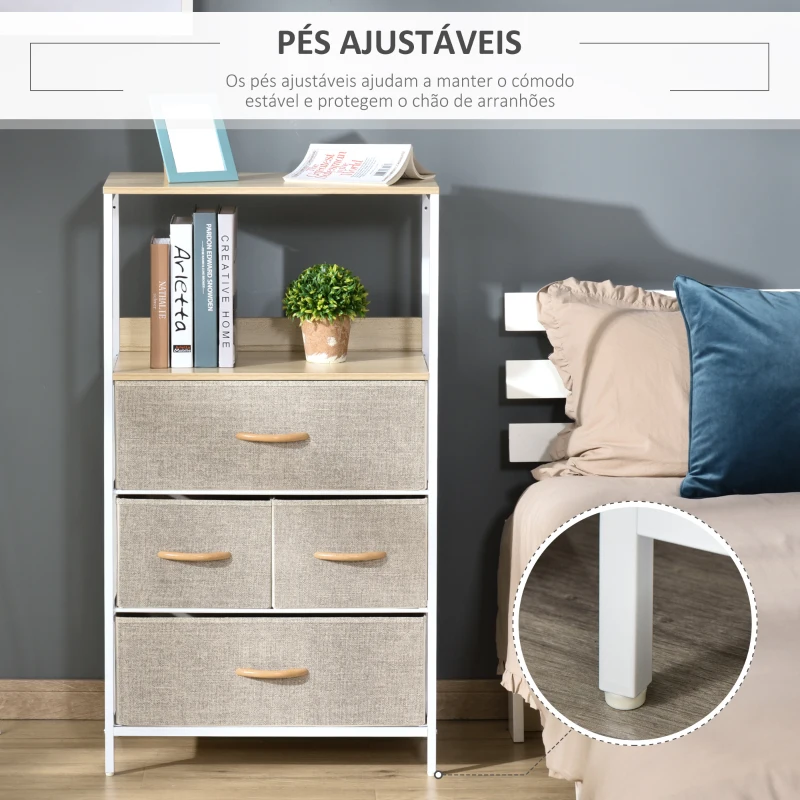 HOMCOM Cómoda com 4 Gavetas Dobráveis e Prateleira Aberta Cómoda com Gavetas de Tecido Anti-Tombo 58x29x103cm Madeira e Cinza Claro