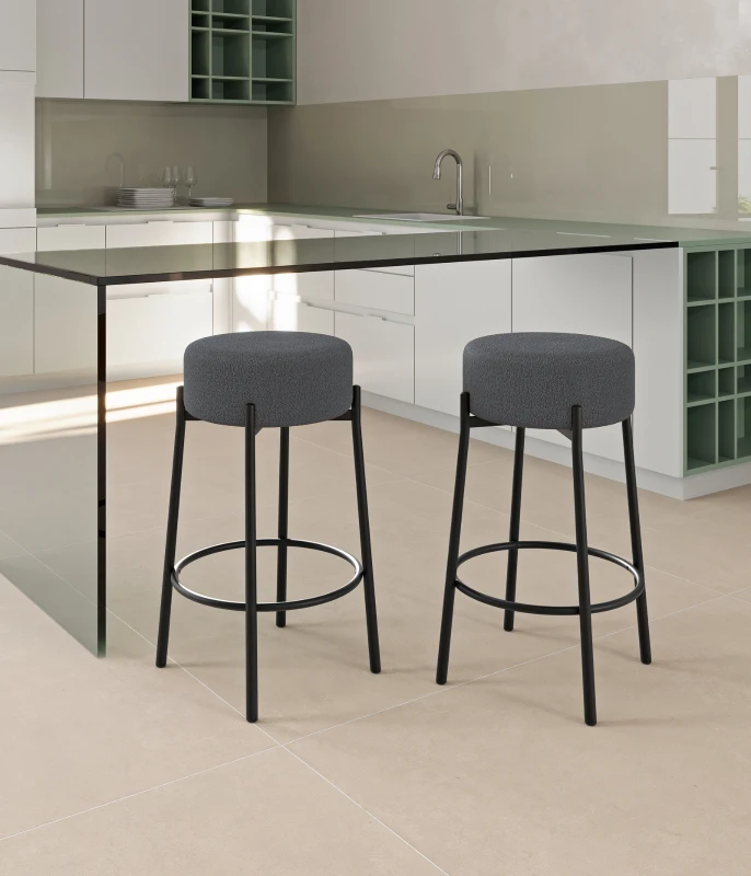 STONES Set 2 scaune de bar  din țesătură gri închis cu picioare metalice negre 41cm X 41cm H. 67cm