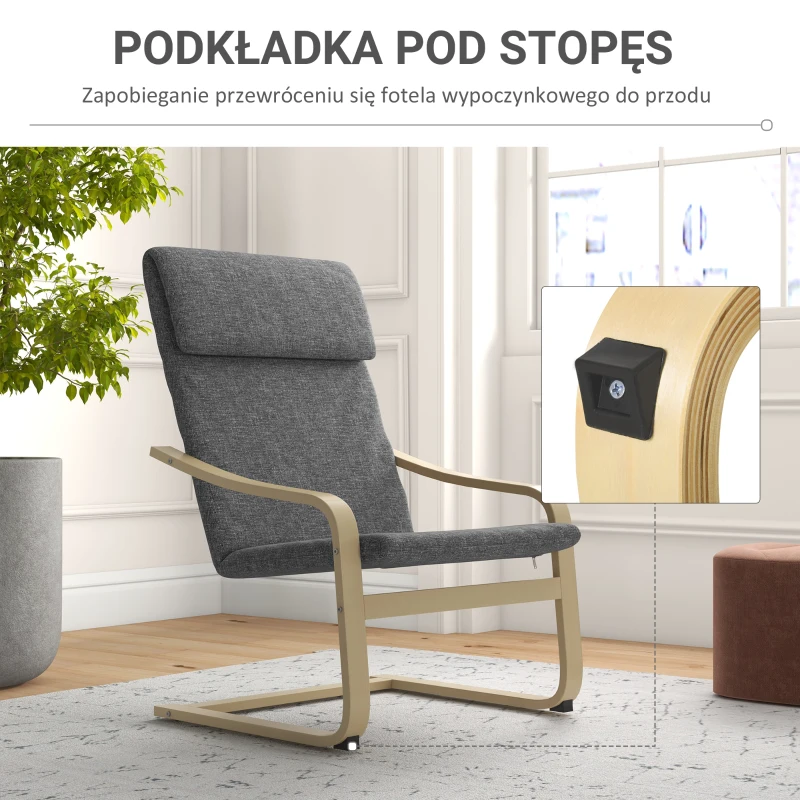HOMCOM Fotel relaksacyjny z podłokietnikami, pokryty lnem, z drewnianym stelażem, kolor szary