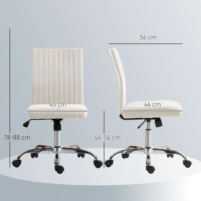 HOMCOM Chaise de bureau sans accoudoirs, fauteuil de bureau, hauteur réglable et pivotant 360°, 43 x 56 x 78-88 cm, crème