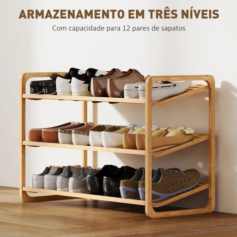 HOMCOM Sapateira de 3 Níveis Estante para Sapatos em Bambu para 12 Pares de Sapatos 76x33x50,8 cm Madeira