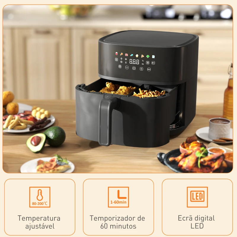 HOMCOM Fritadeira sem Óleo 8 L Air Fryer 1700 W com Temperatura Regulável 80-200°C 8 Programas Painel Tátil Temporizador 32,5x41x32 cm Preto