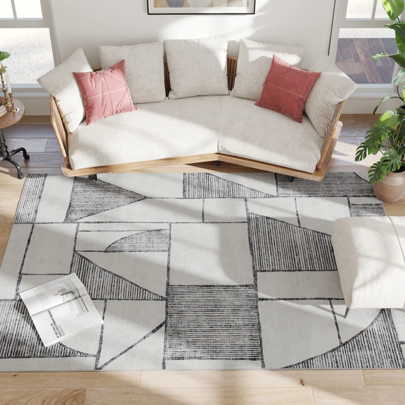 HOMCOM Rutschfester Moderner Teppich mit Geometrischen Linien, aus 100% Polyester, Multicolor, 230x160x0,7 cm