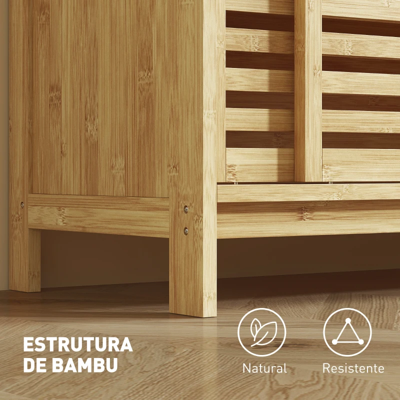 HOMCOM Armário de Casa de Banho em Bambu com 2 Portas de Correr Desenho com Ripas 4 Prateleiras Móvel Auxiliar de Arrumação 80x34x80 cm Madeira
