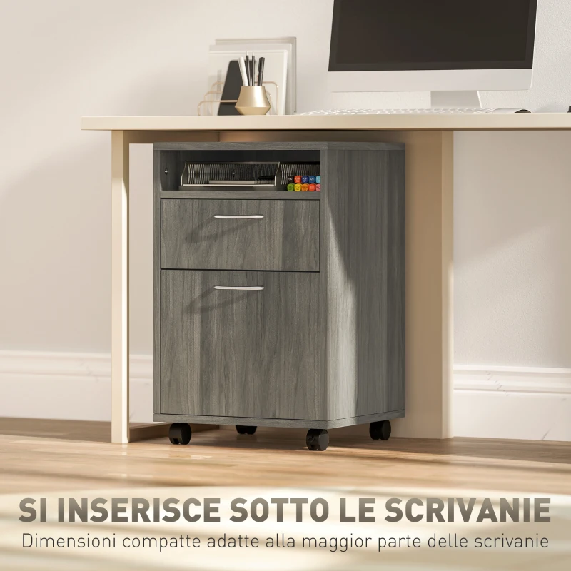 HOMCOM Cassettiera Portadocumenti a 4 Ruote con Ripiano Aperto e Cassetti, in Legno e Metallo, 40x35x60 cm, Grigio