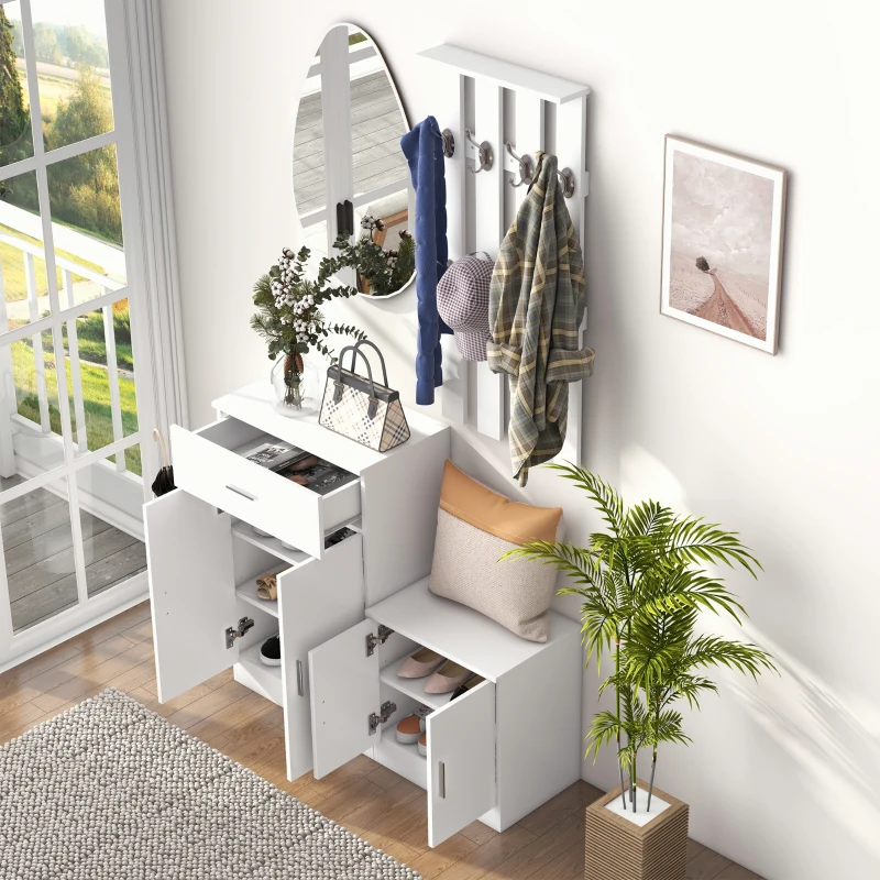 Homcom Cuier Hol Lemn Alb – 100×32×187 cm cu Dulap & Rafturi(m-8)
