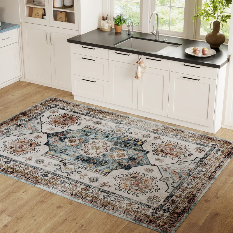 HOMCOM Alfombra Vintage Antideslizante y Lavable de Pelo Corto para Salón y Dormitorio, 230x160 cm, Multicolor