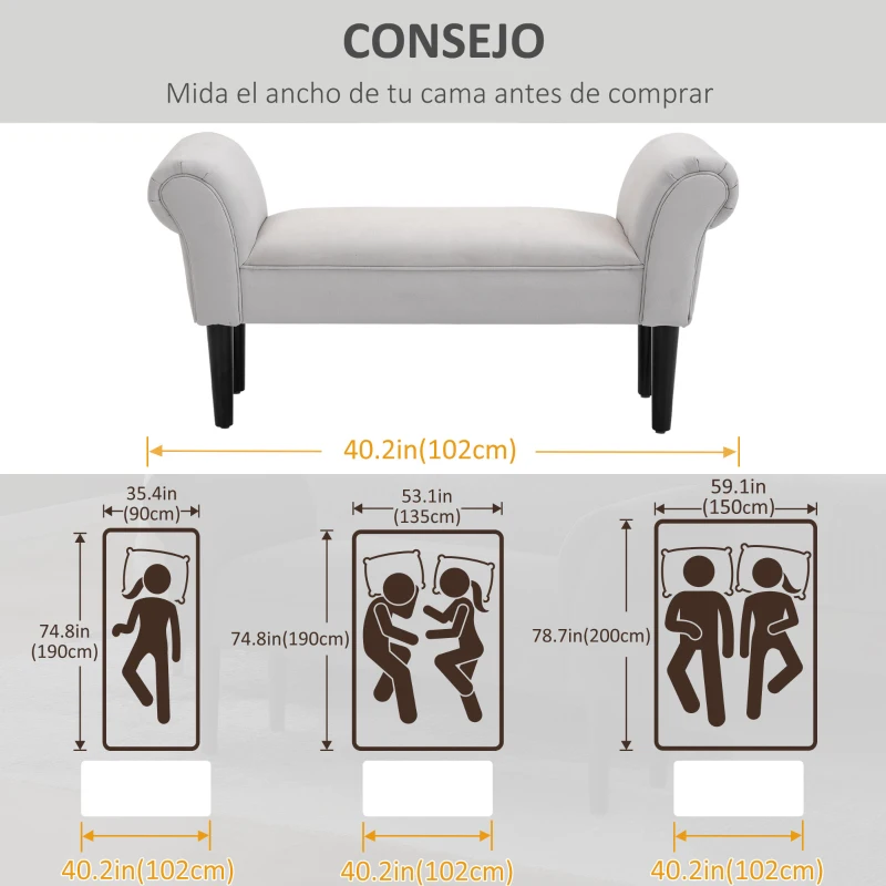 HOMCOM Taburete Pie de Cama Banqueta con Brazos Tapizada tipo Banco de Madera para Dormitorio Salón Recibidor 102x36x51cm Carga 130kg(m-4)