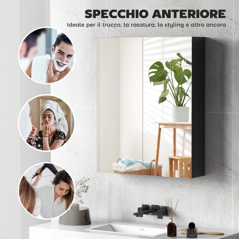 HOMCOM Armadietto Pensile Bagno 2 Ante con Specchiera e 2 Ripiani Interni in MDF, 60x15x75 cm, Nero