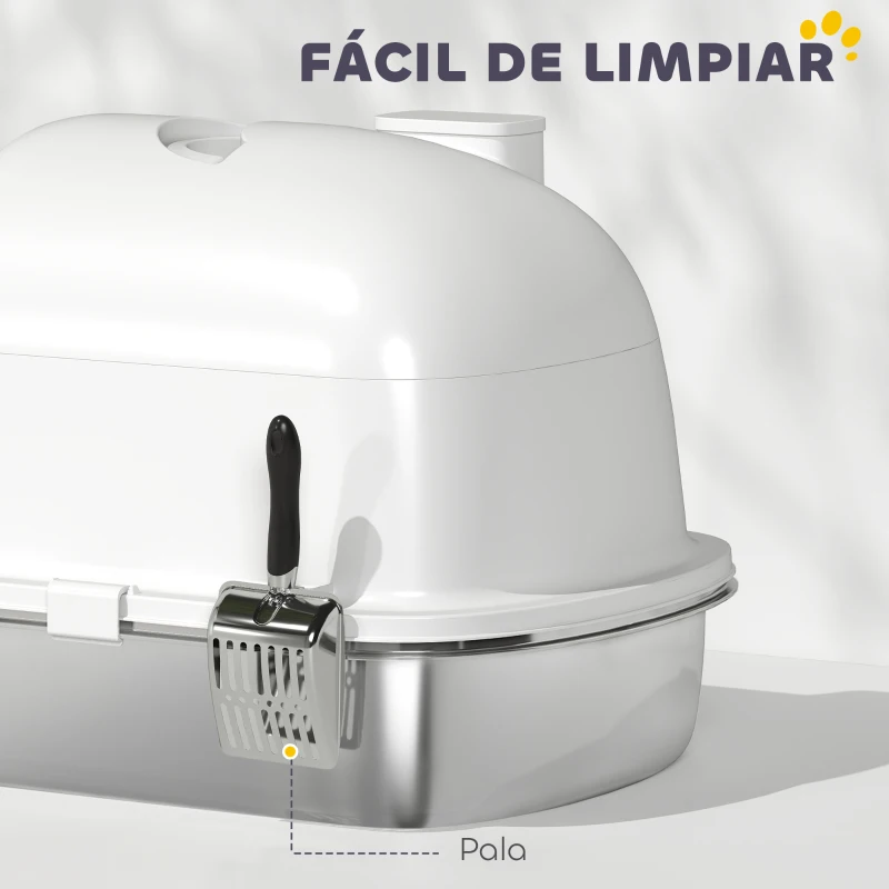 PawHut Arenero para Gatos de Acero Inoxidable con Cubierto Bolsa Desodorizante Pala Fácil de Limpiar 52,4x41,3x39,9 cm Blanco