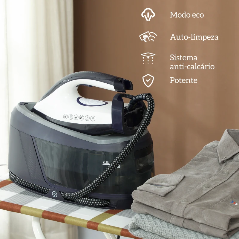 HOMCOM Ferro com Caldeira 2800W 100 g/min 8 Bares Função ECO Base de Cerâmica Desligamento Automático Sistema Anticalcário Autolimpeza Depósito Amovível 2 L Azul