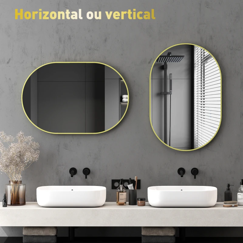 HOMCOM Espelho Casa de Banho 60x90 cm Espelho Decorativo de Parede com Estrutura de Alumínio Horizontal ou Vertical Dourado