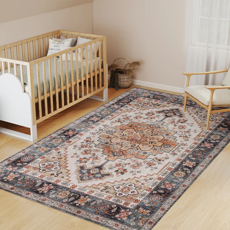 HOMCOM Tapis Bohémien Antidérapant et Lavable à Poils Courts pour Salon et Chambre, 230x160 cm, Marron