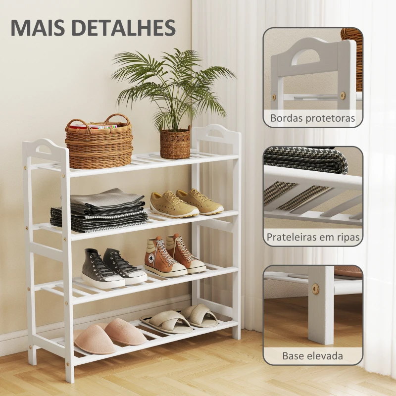 HOMCOM Sapateira de 4 Níveis Estante para Sapatos em Bambu para 12 Pares de Sapatos 67,5x24,7x72 cm Branco