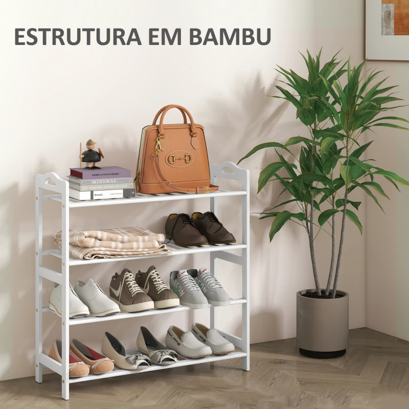 HOMCOM Sapateira de 4 Níveis Estante para Sapatos em Bambu para 12 Pares de Sapatos 67,5x24,7x72 cm Branco