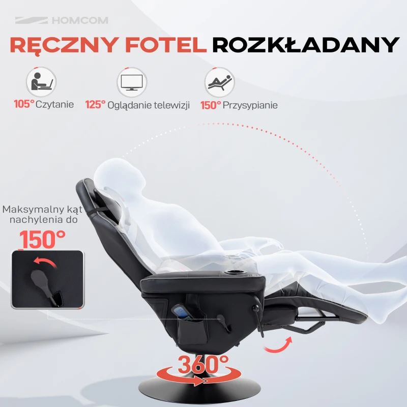 HOMCOM Fotel do gier z funkcją masażu, regulowane oparcie, podnóżek, do 120 kg, konstrukcja stalowa, Skóra Ekologiczna, Szary(m-5)