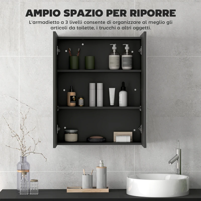 HOMCOM Armadietto Pensile Bagno 2 Ante con Specchiera e 2 Ripiani Interni in MDF, 60x15x75 cm, Nero