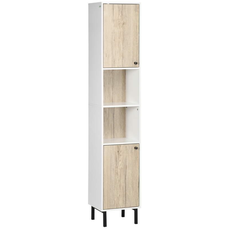 kleankin Columna de Baño con 6 Compartimentos para Ducha Aseo Dormitorio Estilo Moderno 31,5x30x169 cm Blanco y Roble