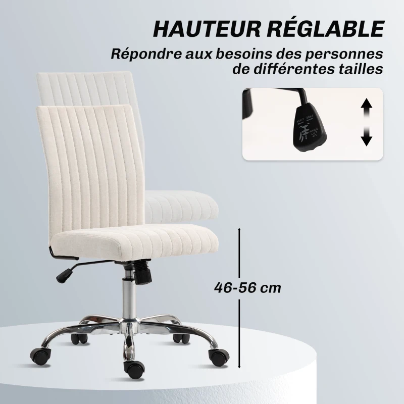 HOMCOM Chaise de bureau sans accoudoirs, fauteuil de bureau, hauteur réglable et pivotant 360°, 43 x 56 x 78-88 cm, crème