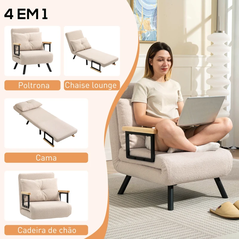 HOMCOM Poltrona Convertível em Cama Poltrona 3 em 1 Convertível em Cama com Encosto Ajustável em 5 Níveis 63x73x81 cm Bege