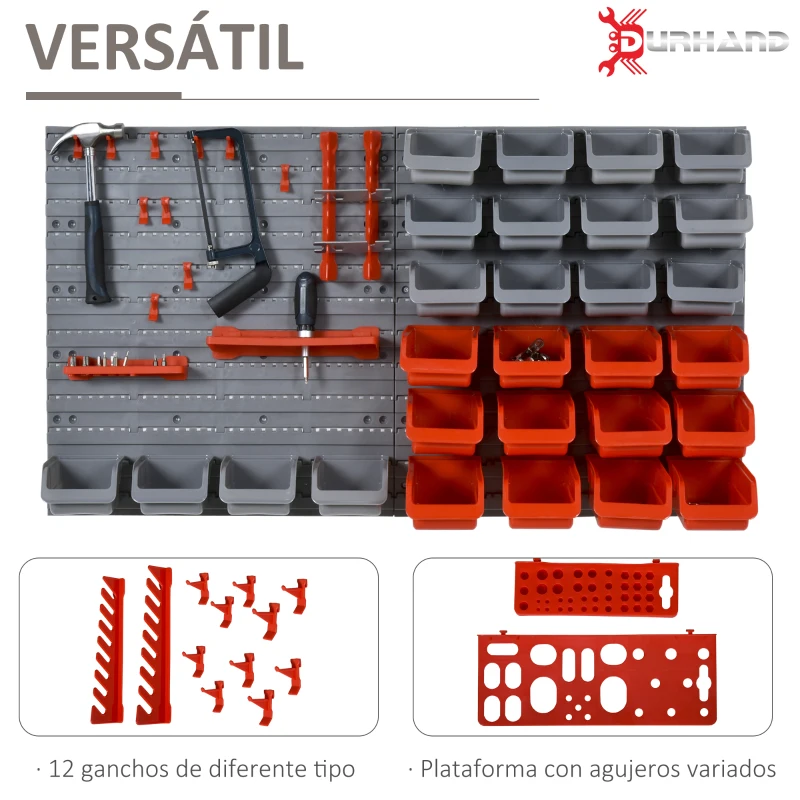DURHAND Estantería de Pared para Herramientas de 44 Piezas 95x54 cm con 28 Cajas Apilables y Diferentes Ganchos Gris y Rojo