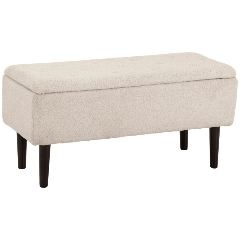 HOMCOM Banco de Pie de Cama Baúl de Almacenaje para Dormitorio con Tapa Abatible y Patas de Madera 95x38x45 cm Crema