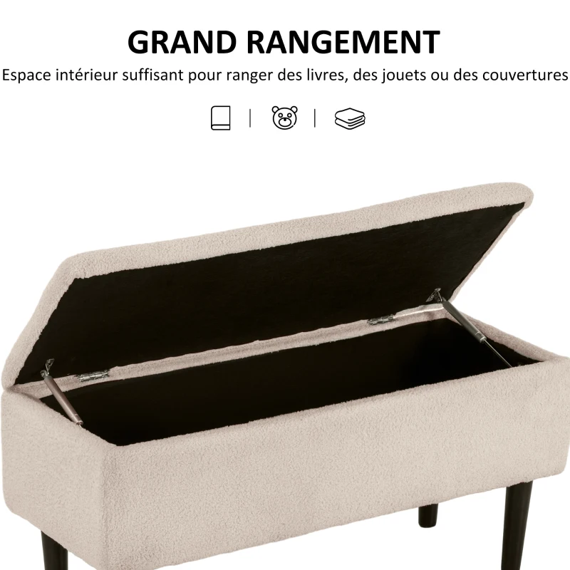 HOMCOM Banc de rangement coffre de rangement pieds en bois de caoutchouc 95 x 38 x 45 cm beige