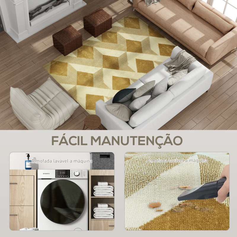 HOMCOM Tapete Sala de Estar 170x120 cm Tapete Lavável na Máquina de Lavar Pelo Curto Estilo Moderno Creme e Marrom Claro